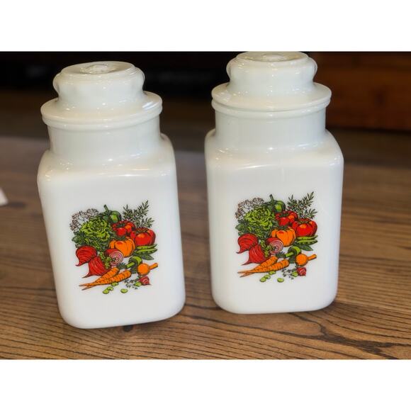 Set of 2 Vintage Jeannette Glass Glasbake Vegetable Pattern 9” Canister Set